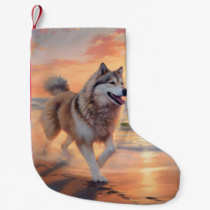Sandy Paws Alaskan Malamute Dog on Beach Sunset Small Christmas Stocking