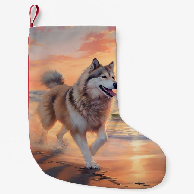 Sandy Paws Alaskan Malamute Dog on Beach Sunset Small Christmas Stocking (Front)