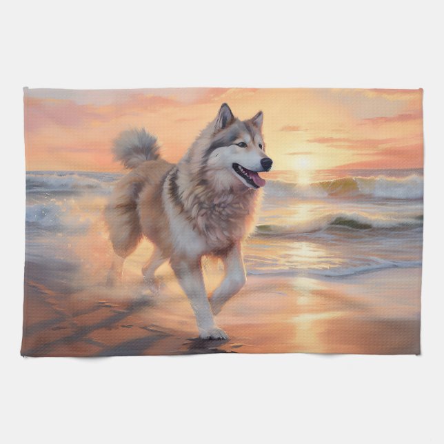 Sandy Paws Alaskan Malamute Dog on Beach Sunset Tea Towel (Horizontal)