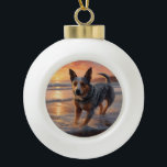 Sandy Paws Australian Cattle Dog on Beach Sunset Ceramic Ball Christmas Ornament<br><div class="desc">Immerse yourself in the tranquil beauty of our "Sandy Paws and Sunset Hues" dog on beach sunset design. This captivating scene captures the essence of a perfect evening at the shore, with a loyal canine companion enjoying the golden sands and the breathtaking hues of the setting sun. Whether you're a...</div>