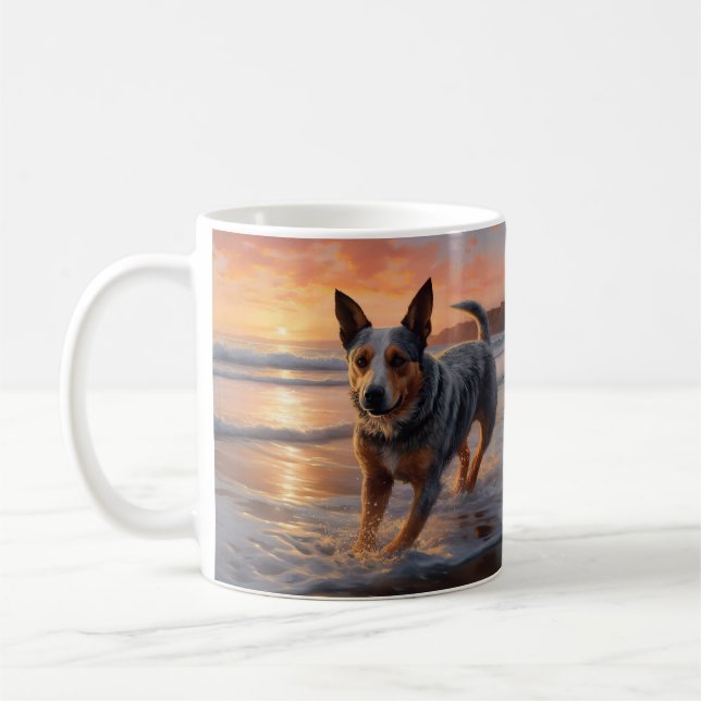 Sandy Paws Australian Cattle Dog on Beach Sunset Coffee Mug (Left)