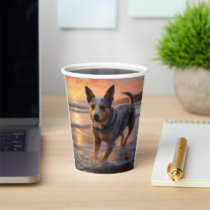 Sandy Paws Australian Cattle Dog on Beach Sunset Paper Cups