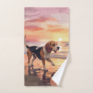 Sandy Paws Beagle Dog on Beach Sunset  Bath Towel Set
