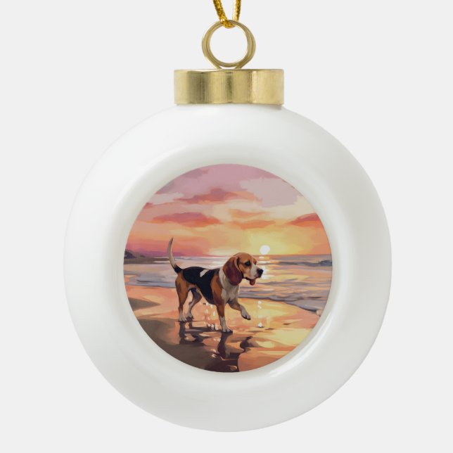 Sandy Paws Beagle Dog on Beach Sunset  Ceramic Ball Christmas Ornament (Front)