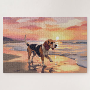Sandy Paws Beagle Dog on Beach Sunset  Jigsaw Puzzle
