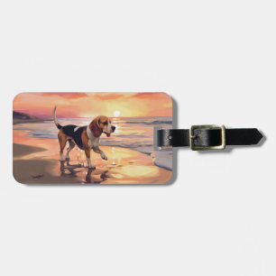 Sandy Paws Beagle Dog on Beach Sunset Luggage Tag
