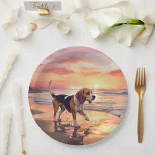 Sandy Paws Beagle Dog on Beach Sunset  Paper Plate