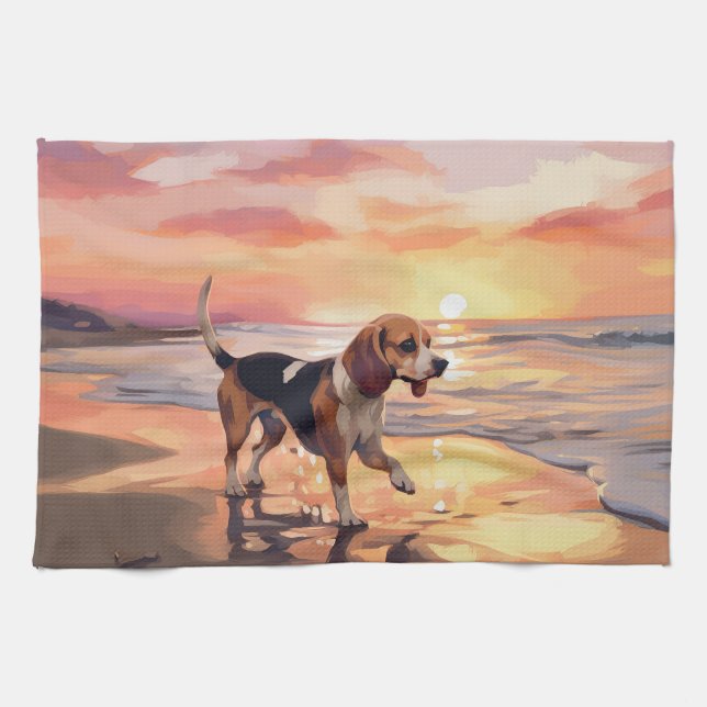 Sandy Paws Beagle Dog on Beach Sunset  Tea Towel (Horizontal)