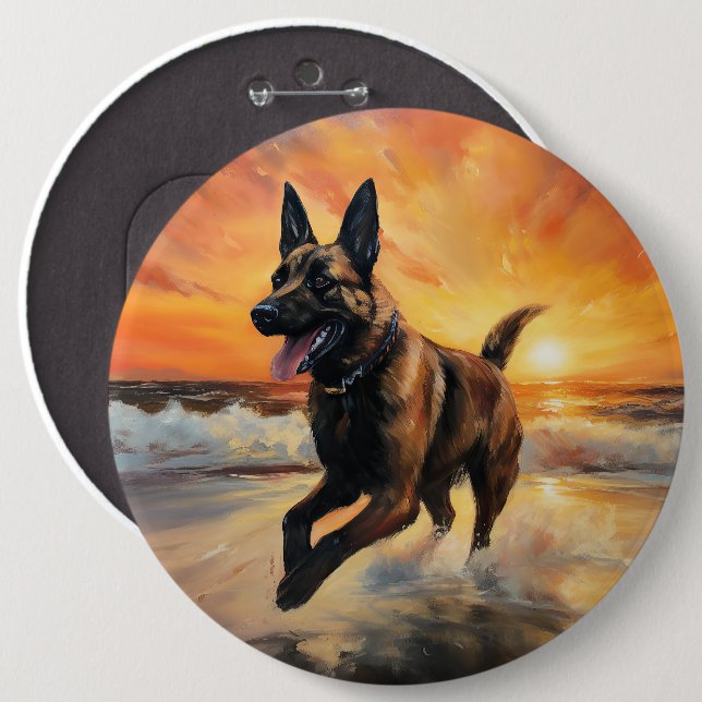 Sandy Paws Belgian Malinois Dog on Beach Sunset  6 Cm Round Badge (Front & Back)