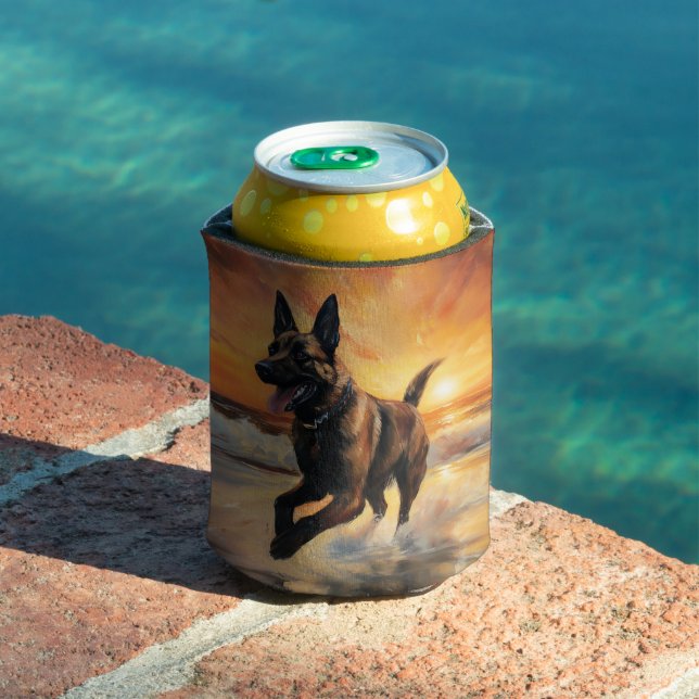 Sandy Paws Belgian Malinois Dog on Beach Sunset  Can Cooler (In Situ Pool)