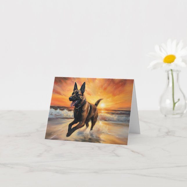 Sandy Paws Belgian Malinois Dog on Beach Sunset  Card (Small Plant)