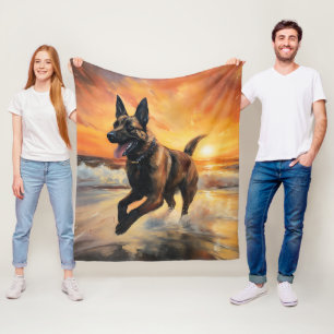 Sandy Paws Belgian Malinois Dog on Beach Sunset Fleece Blanket