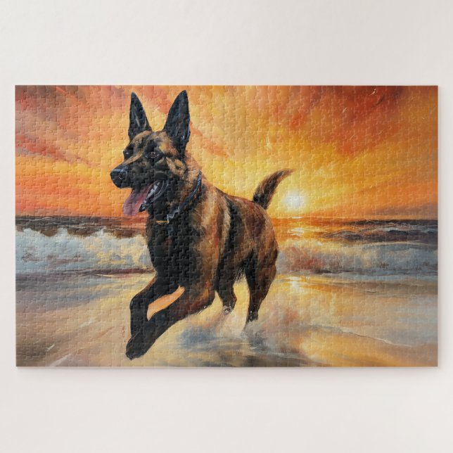 Sandy Paws Belgian Malinois Dog on Beach Sunset  Jigsaw Puzzle (Horizontal)