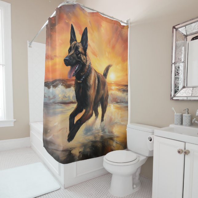 Sandy Paws Belgian Malinois Dog on Beach Sunset  Shower Curtain (In Situ)