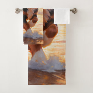 Sandy Paws Bernese Mountain Dog on Beach Sunset  Bath Towel Set