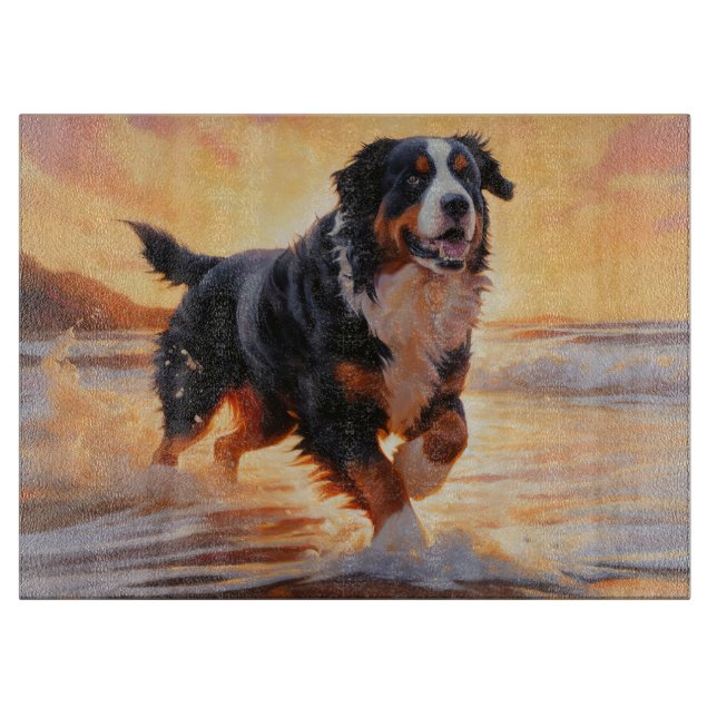 Sandy Paws Bernese Mountain Dog on Beach Sunset  Cutting Board (Front)