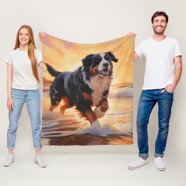 Sandy Paws Bernese Mountain Dog on Beach Sunset  Fleece Blanket (In Situ)