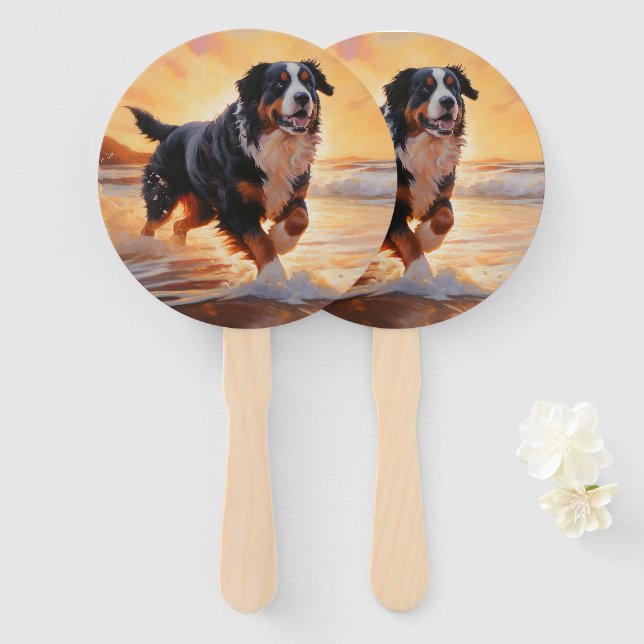 Sandy Paws Bernese Mountain Dog on Beach Sunset  Hand Fan (Front and Back)