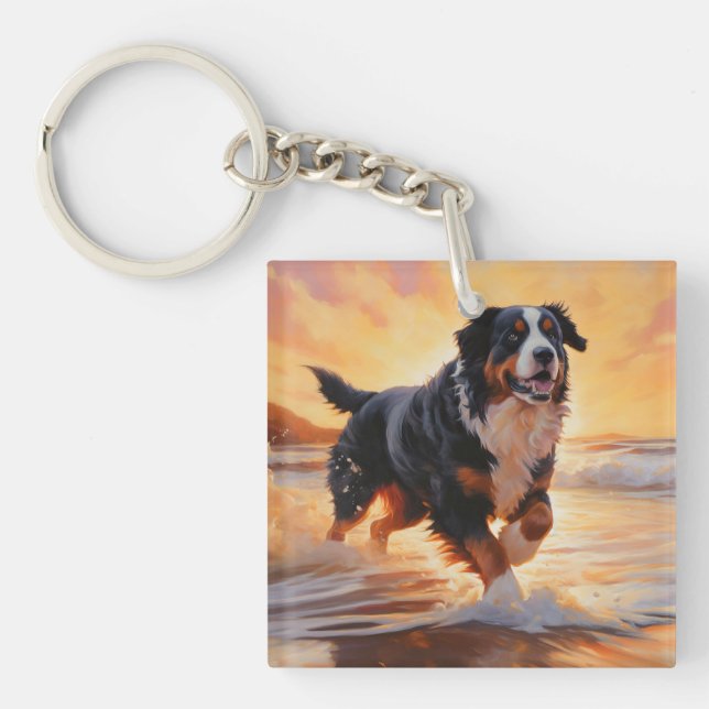 Sandy Paws Bernese Mountain Dog on Beach Sunset  Key Ring (Front)
