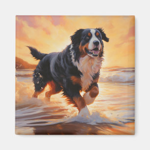 Sandy Paws Bernese Mountain Dog on Beach Sunset Magnet