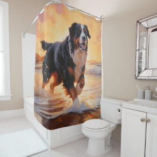 Sandy Paws Bernese Mountain Dog on Beach Sunset  Shower Curtain