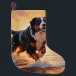 Sandy Paws Bernese Mountain Dog on Beach Sunset  Small Christmas Stocking<br><div class="desc">Immerse yourself in the tranquil beauty of our "Sandy Paws and Sunset Hues" dog on beach sunset design. This captivating scene captures the essence of a perfect evening at the shore, with a loyal canine companion enjoying the golden sands and the breathtaking hues of the setting sun. Whether you're a...</div>