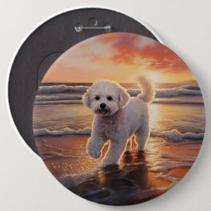 Sandy Paws Bichon Frise Dog on Beach Sunset 6 Cm Round Badge