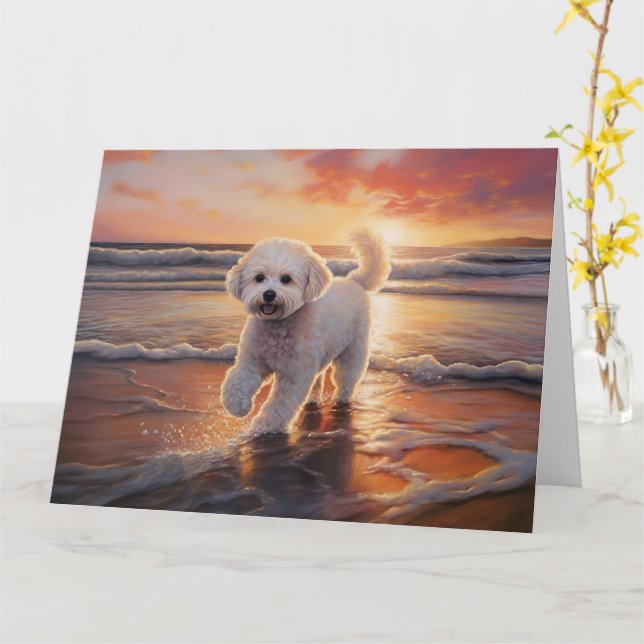 Sandy Paws Bichon Frise Dog on Beach Sunset  Card (Yellow Flower)