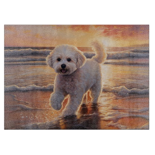 Sandy Paws Bichon Frise Dog on Beach Sunset  Cutting Board (Front)