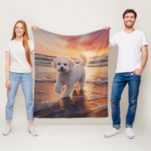 Sandy Paws Bichon Frise Dog on Beach Sunset Fleece Blanket