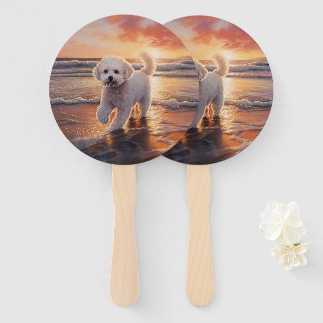 Sandy Paws Bichon Frise Dog on Beach Sunset  Hand Fan (Front and Back)