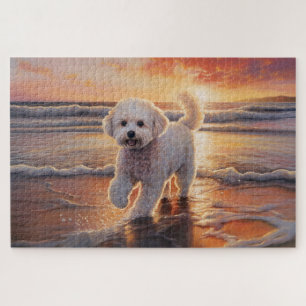 Sandy Paws Bichon Frise Dog on Beach Sunset  Jigsaw Puzzle