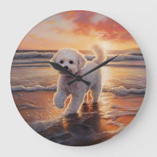 Sandy Paws Bichon Frise Dog on Beach Sunset Large Clock