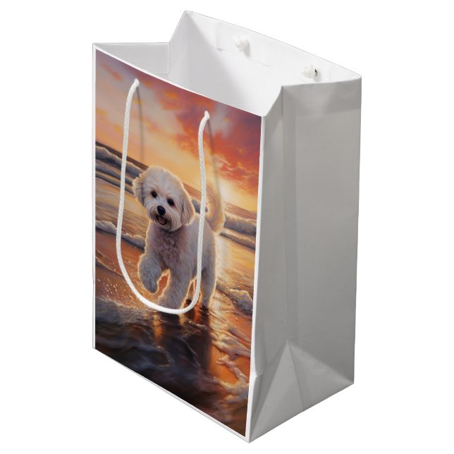 Sandy Paws Bichon Frise Dog on Beach Sunset  Medium Gift Bag (Front Angled)