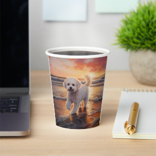 Sandy Paws Bichon Frise Dog on Beach Sunset Paper Cups