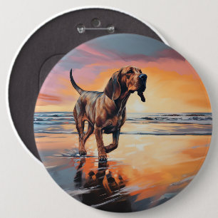 Sandy Paws Bloodhound Dog on Beach Sunset 6 Cm Round Badge