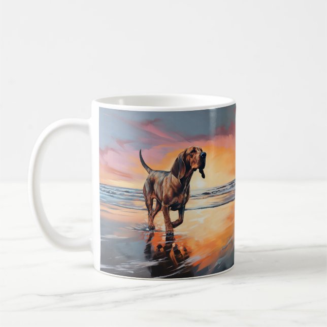 Sandy Paws Bloodhound Dog on Beach Sunset  Coffee Mug (Left)