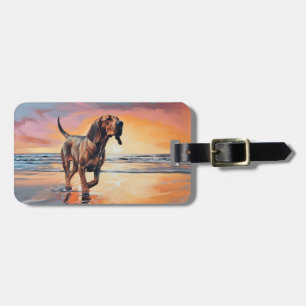 Sandy Paws Bloodhound Dog on Beach Sunset Luggage Tag