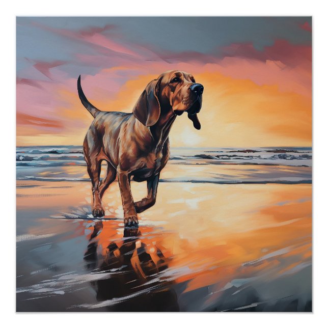 Sandy Paws Bloodhound Dog on Beach Sunset  Poster (Front)