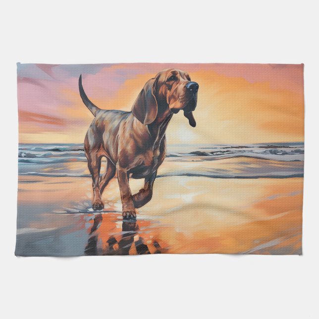 Sandy Paws Bloodhound Dog on Beach Sunset  Tea Towel (Horizontal)