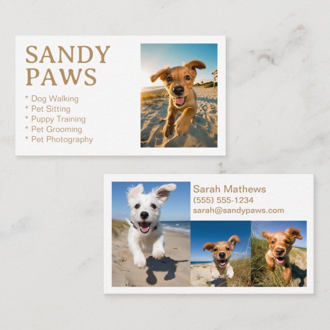Sandy Paws Dog Walking Pet Photography Grooming Business Card (Front/Back)