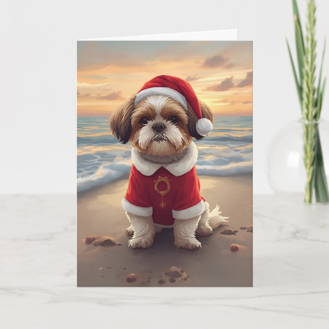 Sandy Paws & Holiday Cheer – Little Beach Santa Card (Front)