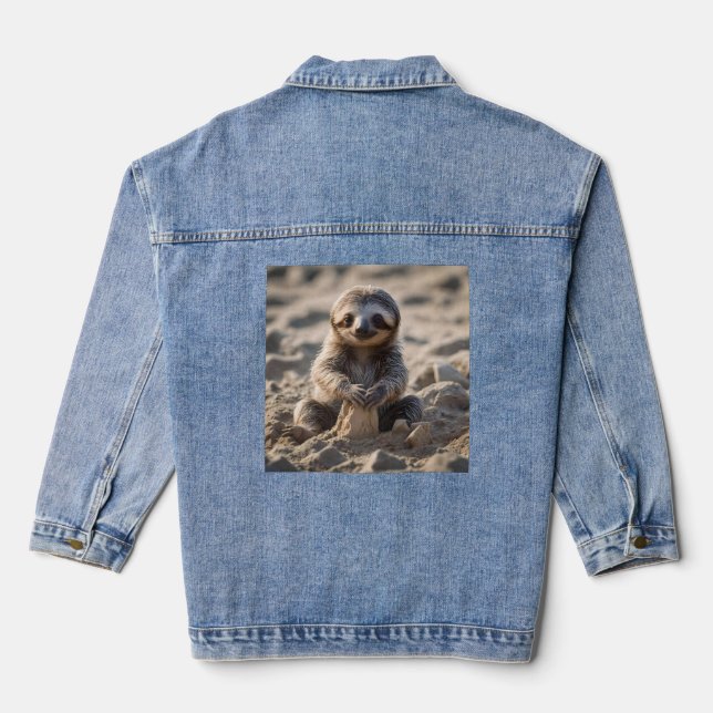 Sandy Shores: Baby Sloth Building Sand Castles, Denim Jacket (Back)
