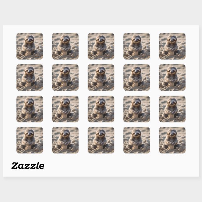 Sandy Shores : Baby Sloth Building Sand Castles, Square Sticker (Sheet)