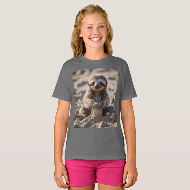 Sandy Shores: Baby Sloth Building Sand Castles, T-Shirt (Front Full)