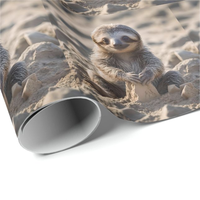 Sandy Shores: Baby Sloth Building Sand Castles, Wrapping Paper (Roll Corner)