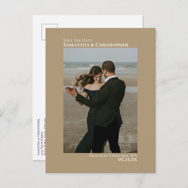 Sandy Tan Minimalist Wedding Photo Save The Date Announcement Postcard (Front/Back)