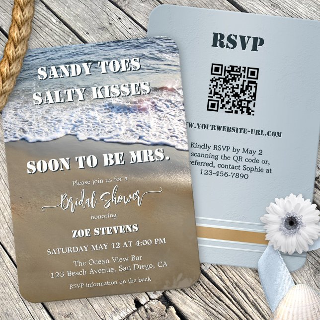 Sandy Toes Salty Kisses Bridal Shower Invitation (Salty kisses elegant beach bridal shower invitation featuring waves flowing on a sandy shore.)