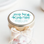 Sandy Toes, Salty Kisses Destination Wedding Favou Classic Round Sticker<br><div class="desc">Perfect for your destination wedding favours,  this beachy design features "sandy toes and salty kisses" in tropical teal lettering with two starfish. Personalise with your names and wedding date beneath.</div>