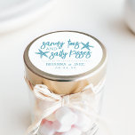 Sandy Toes, Salty Kisses Destination Wedding Favou Classic Round Sticker<br><div class="desc">Perfect for your destination wedding favours,  this beachy design features "sandy toes and salty kisses" in tropical turquoise blue lettering with two starfish. Personalise with your names and wedding date beneath.</div>